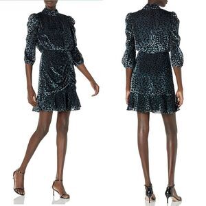 NWT Shoshanna Cassia Dot Velvet Burnout Long Sleeve Mini Dress in Jet/Olive Sz 4